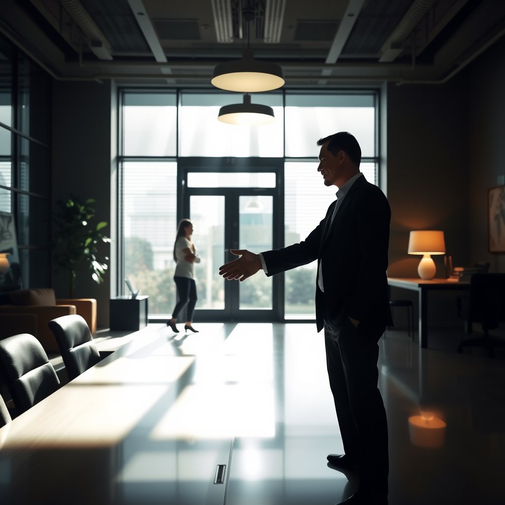 a professional handshake in a bright office, moody lighting, high contrast, fine art photography