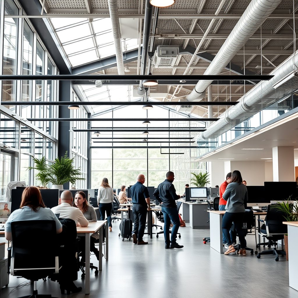 a modern open office space with people collaborating, highly detailed, 8k, professional photography, sharp focus
