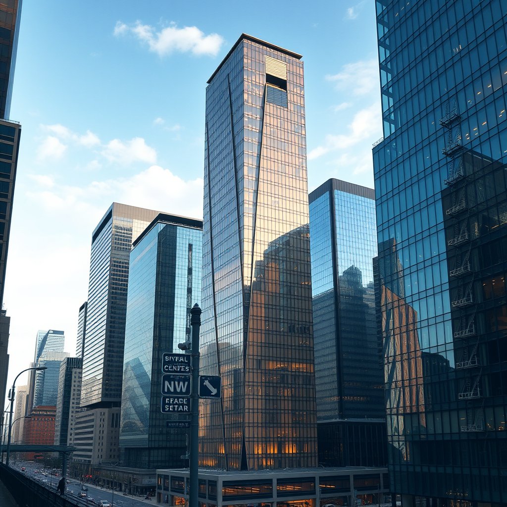 a city financial district with glass office towers, ultra realistic, crisp details, studio quality