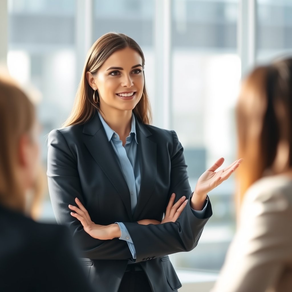 a confident businesswoman presenting to colleagues, soft natural light, shallow depth of field, bokeh