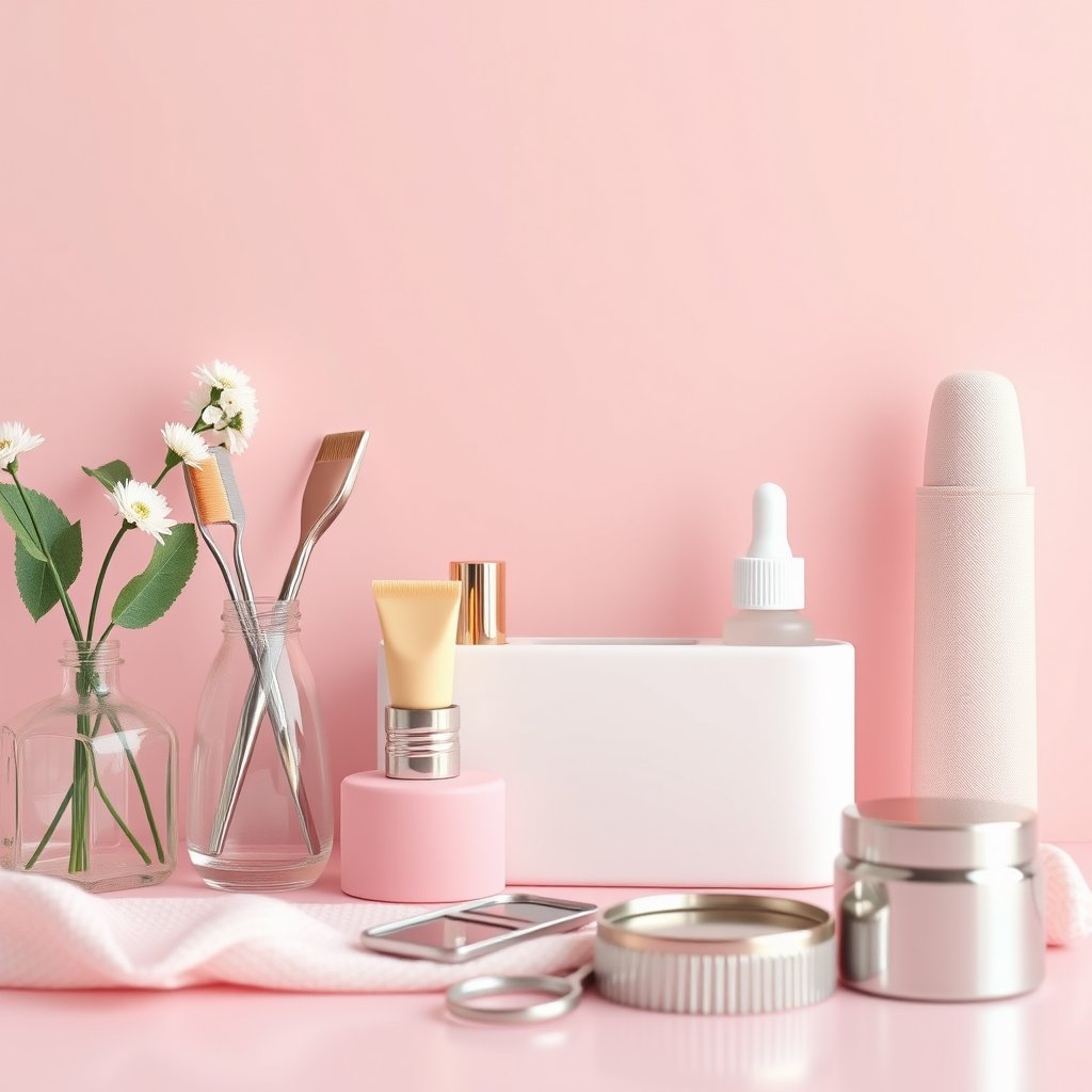 beauty salon tools, soft pink background, minimal — Маникюр гель-лак, bright and airy, pastel tones, dreamy aesthetic