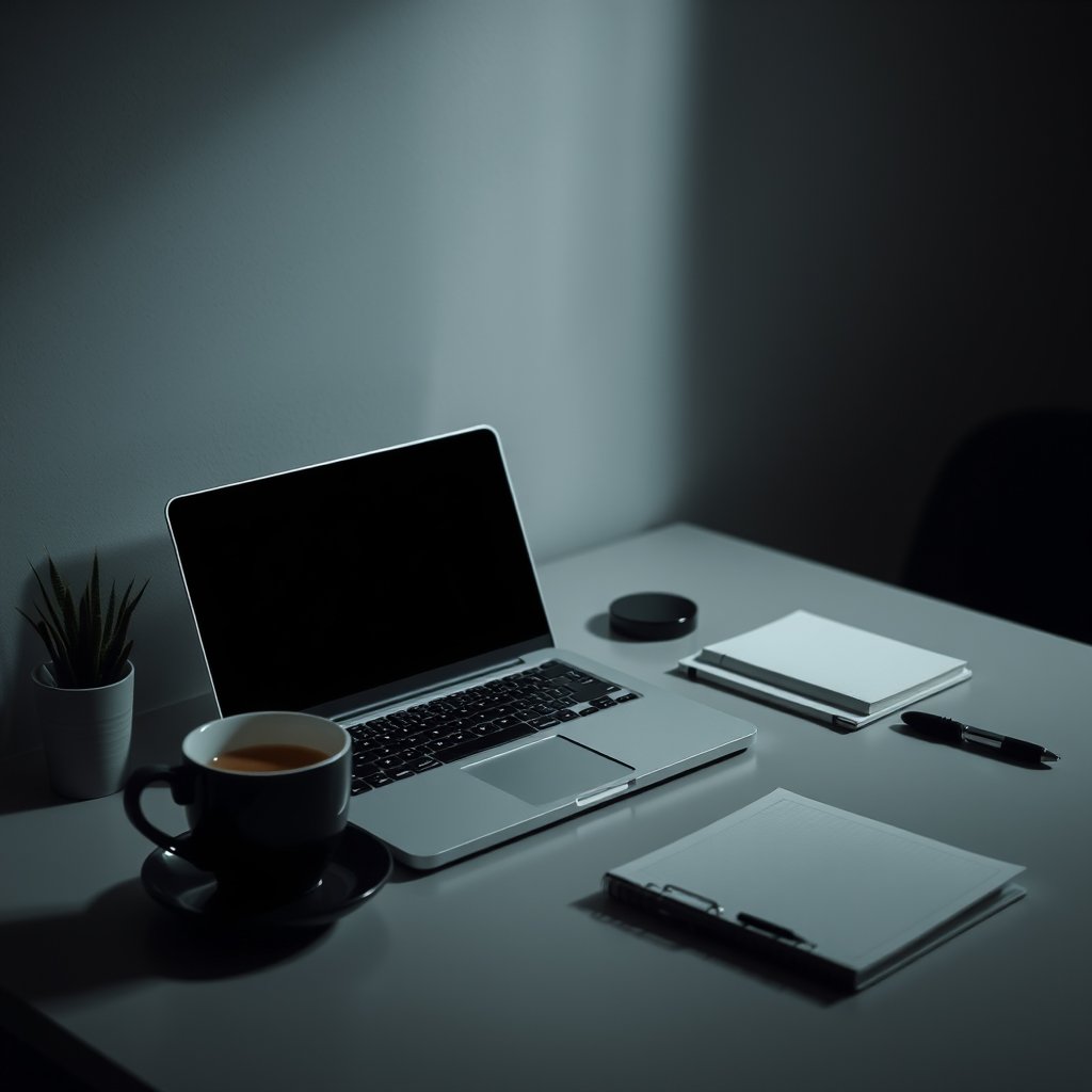 a minimalist desk with a laptop, coffee and notebook, moody lighting, high contrast, fine art photography