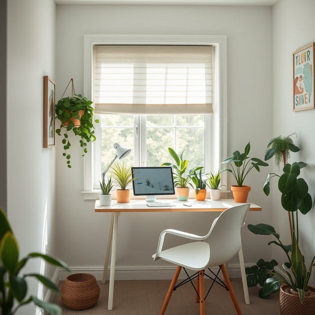 cozy small office with plants, bright and airy, pastel tones, dreamy aesthetic