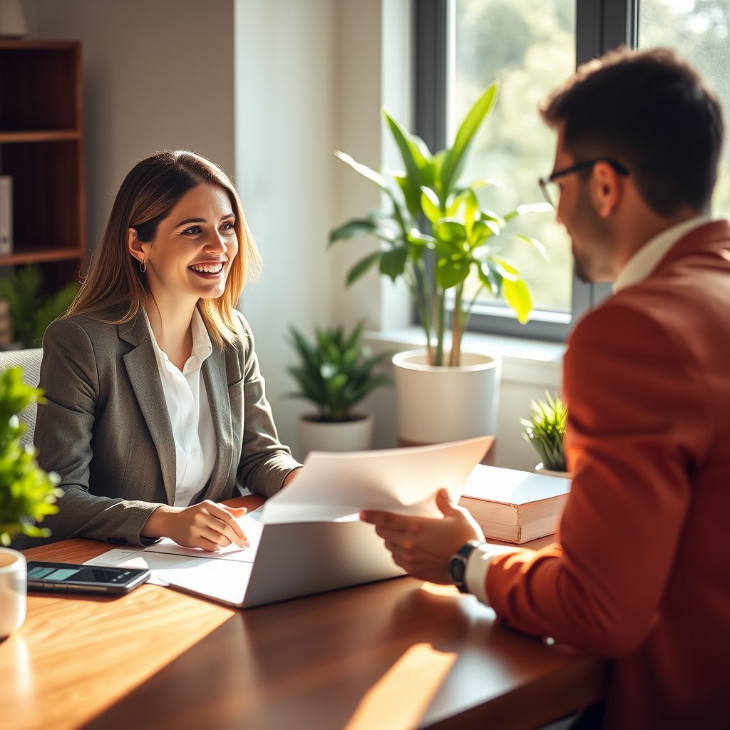 friendly female accountant in smart casual clothes smiling while discussing financial documents with a small business owner client at a wooden desk, laptop and papers on table, warm summer sunlight through window, green plants, cozy professional office, photorealistic corporate photography, warm natural tones, realistic, minimalist composition, clean background, elegant