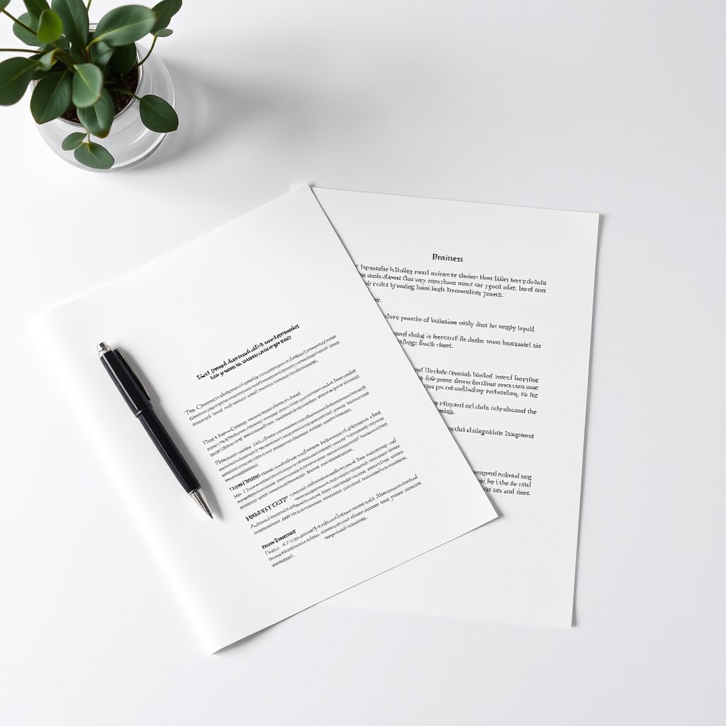 a clean flat-lay of business documents and pen, minimalist composition, clean background, elegant