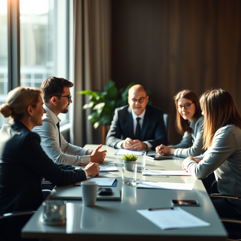 a business team meeting around a conference table, soft natural light, shallow depth of field, bokeh