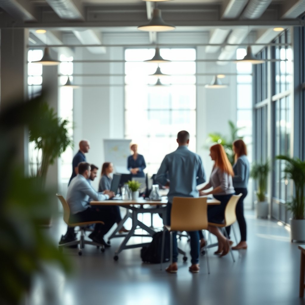 a modern open office space with people collaborating, soft natural light, shallow depth of field, bokeh