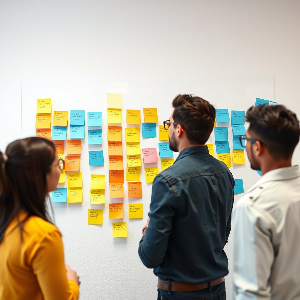 a startup team brainstorming with sticky notes on a wall, highly detailed, 8k, professional photography, sharp focus