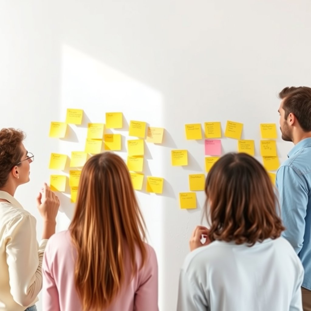 a startup team brainstorming with sticky notes on a wall, bright and airy, pastel tones, dreamy aesthetic