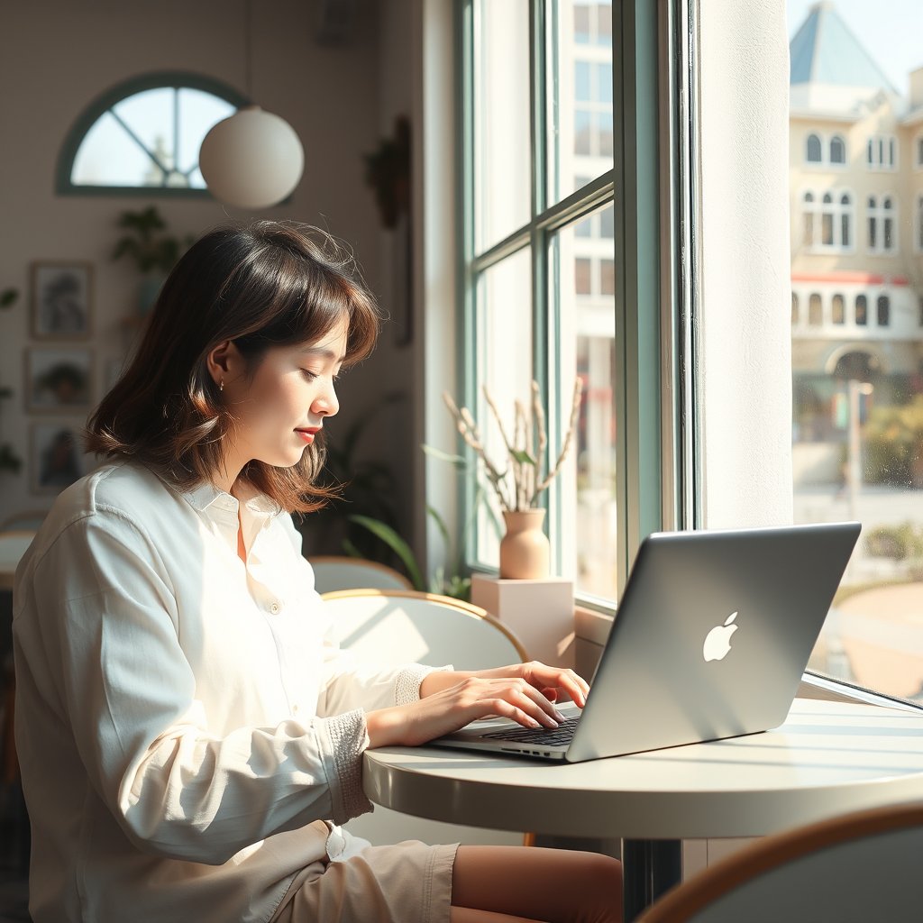a person working on a laptop in a bright cafe, bright and airy, pastel tones, dreamy aesthetic