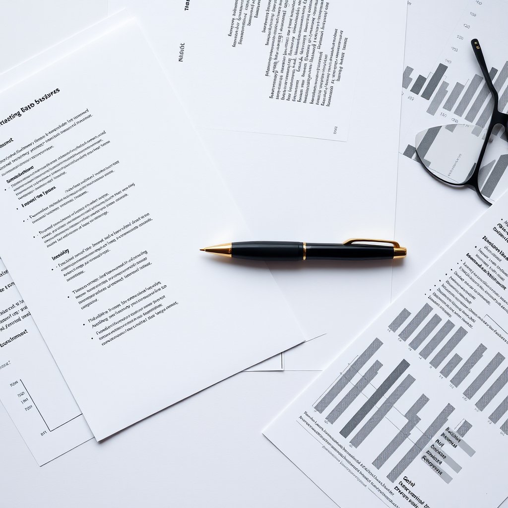 a clean flat-lay of business documents and pen, highly detailed, 8k, professional photography, sharp focus