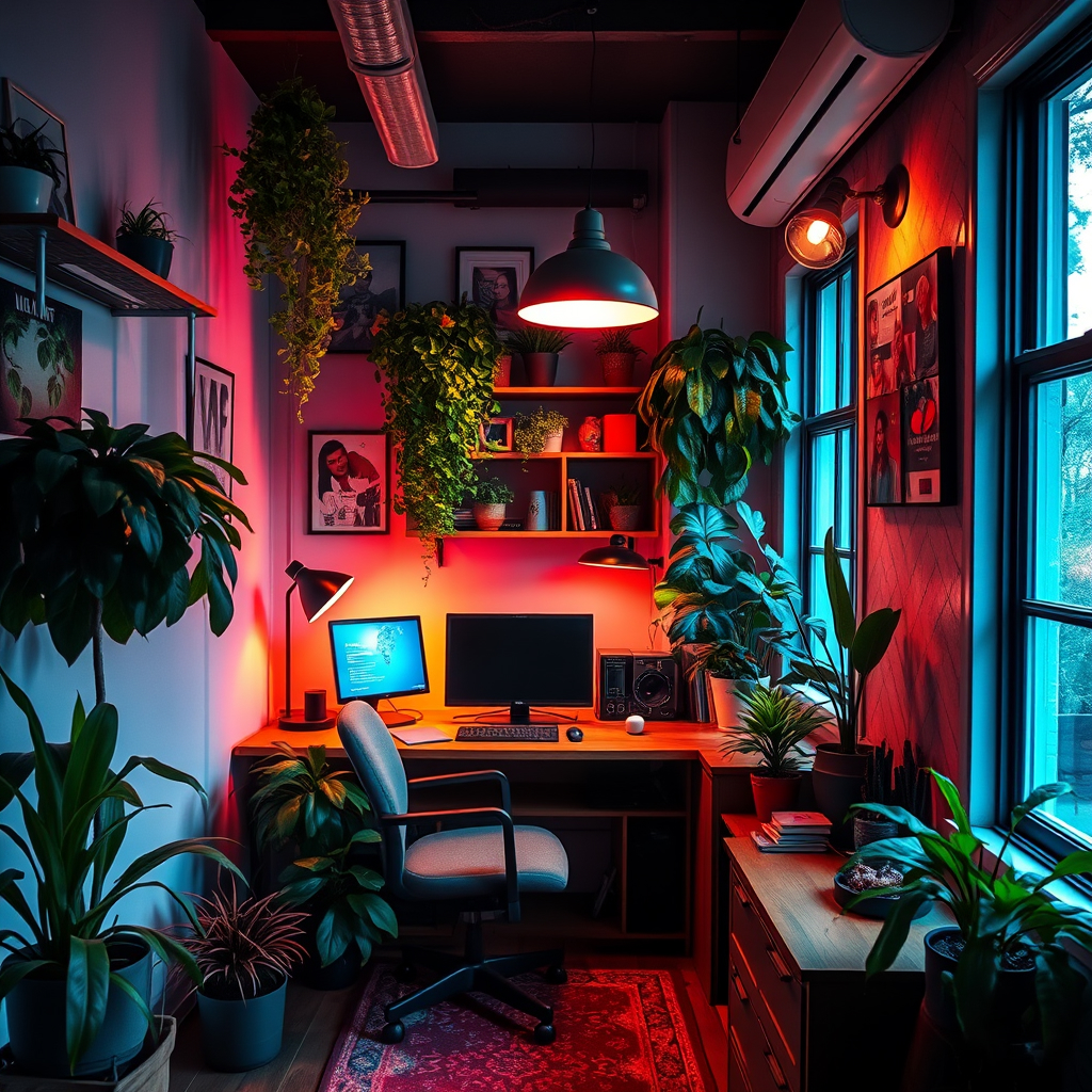 cozy small office with plants, cinematic lighting, vibrant colors, dramatic atmosphere