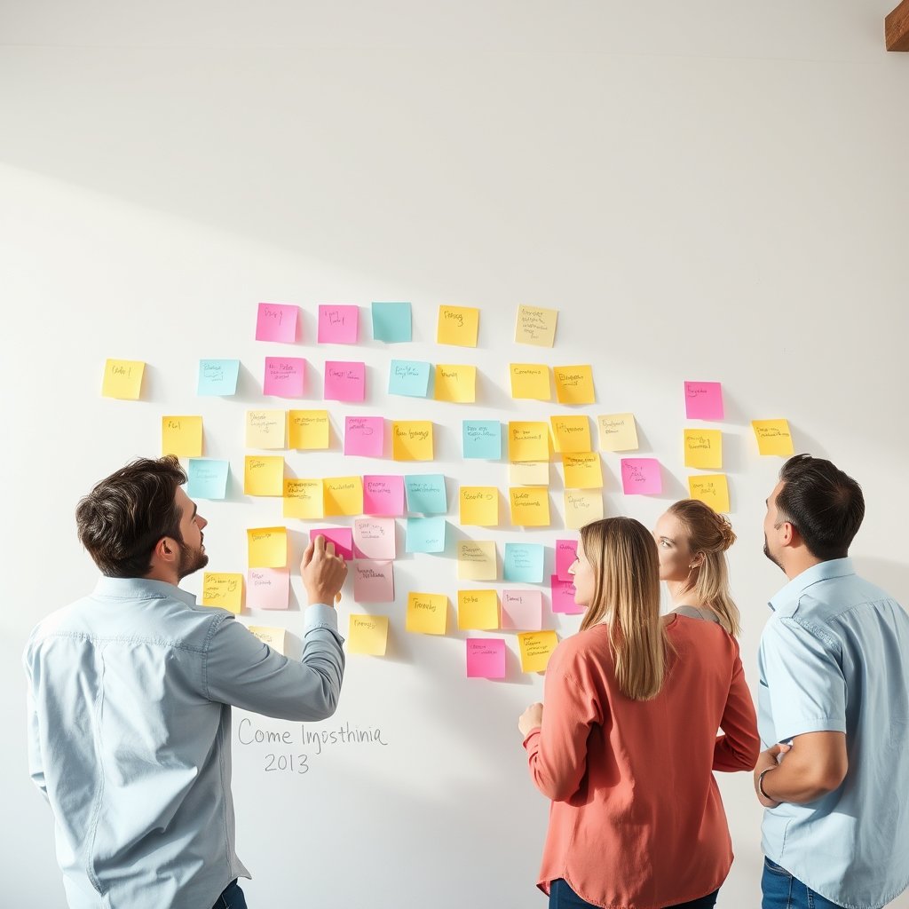 a startup team brainstorming with sticky notes on a wall, bright and airy, pastel tones, dreamy aesthetic