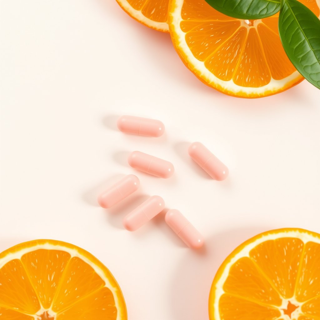 vitamin C pills and orange slices, clean light background, bright and airy, pastel tones, dreamy aesthetic