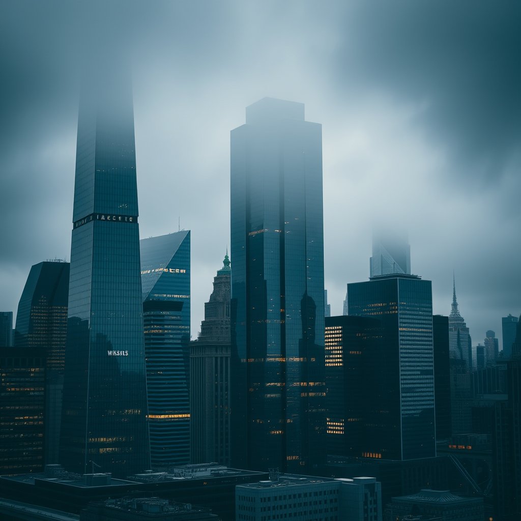 a city financial district with glass office towers, moody lighting, high contrast, fine art photography