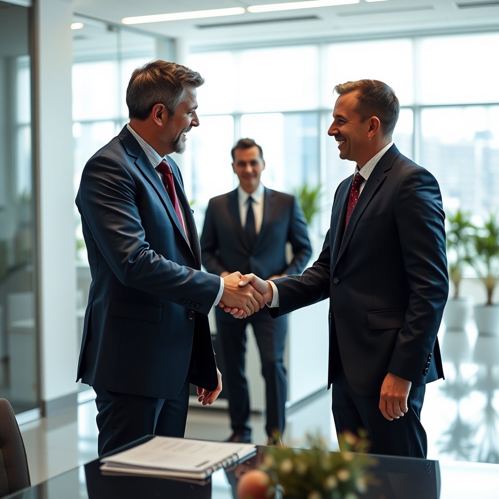a professional handshake in a bright office, highly detailed, 8k, professional photography, sharp focus