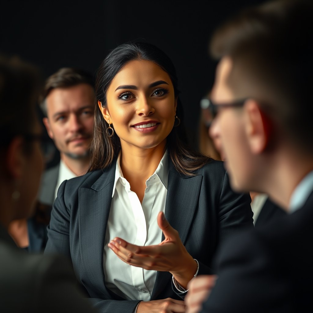 a confident businesswoman presenting to colleagues, moody lighting, high contrast, fine art photography