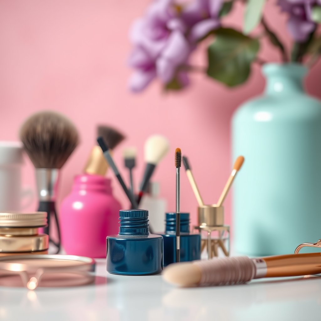 beauty salon tools, soft pink background, minimal — Салон «Красота», soft natural light, shallow depth of field, bokeh