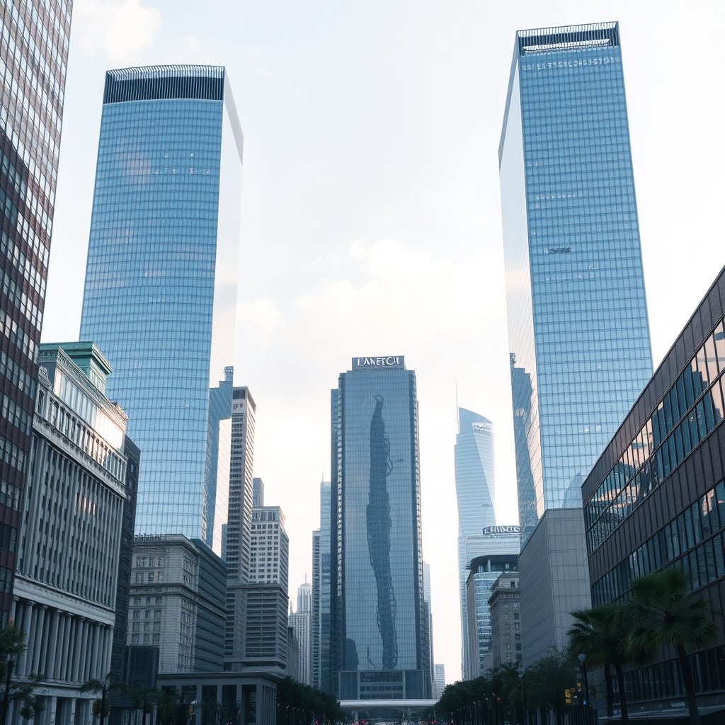 a city financial district with glass office towers, bright and airy, pastel tones, dreamy aesthetic