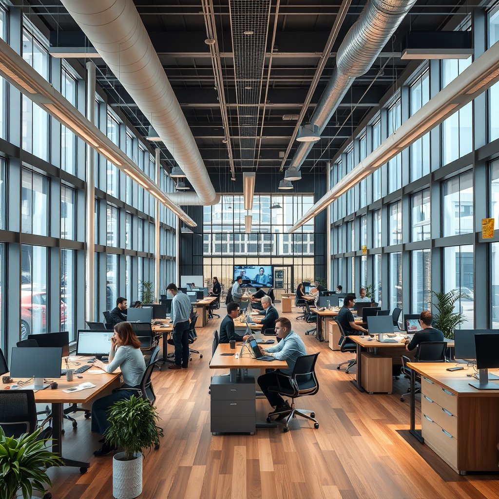 a modern open office space with people collaborating, ultra realistic, crisp details, studio quality