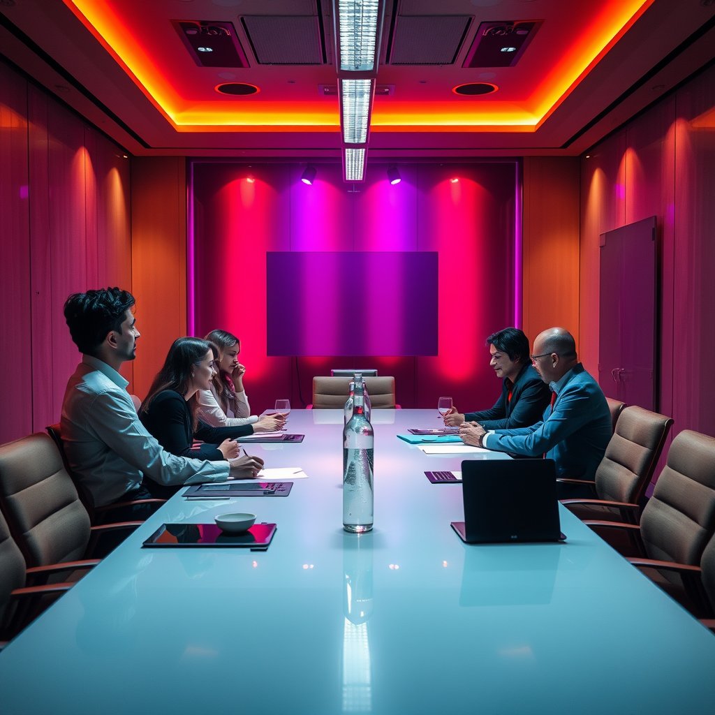 a business team meeting around a conference table, cinematic lighting, vibrant colors, dramatic atmosphere