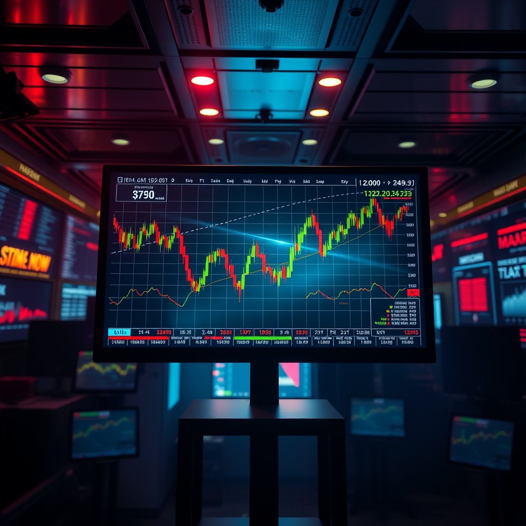 a stock market data visualization on a screen, cinematic lighting, vibrant colors, dramatic atmosphere
