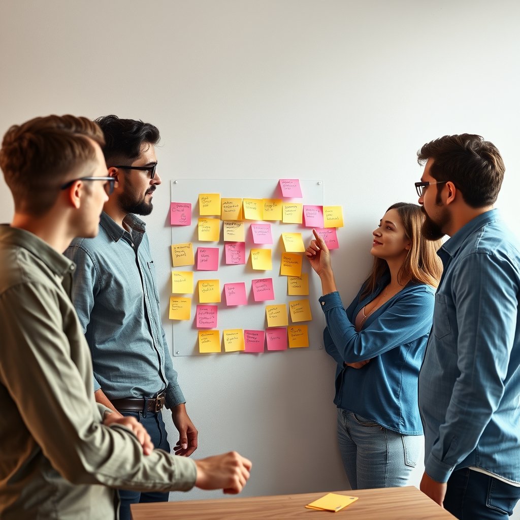 a startup team brainstorming with sticky notes on a wall, ultra realistic, crisp details, studio quality