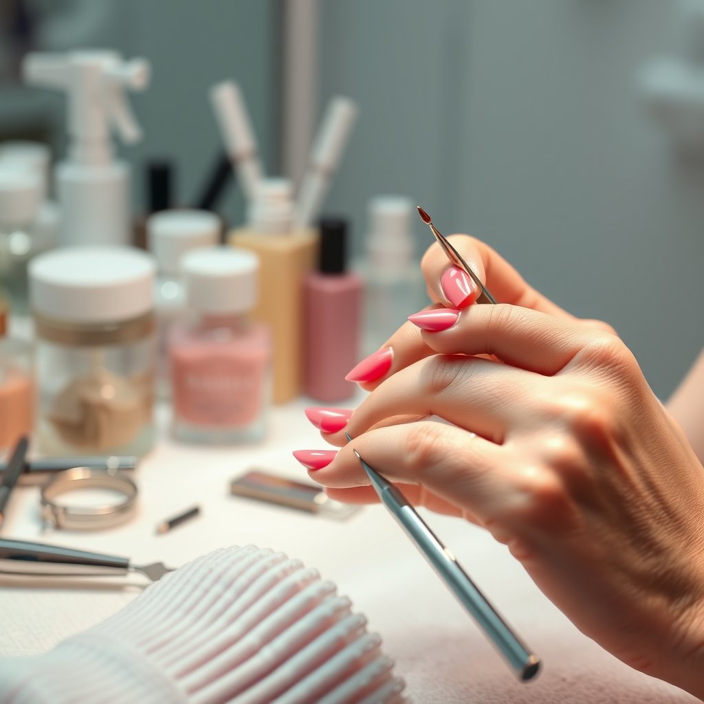 manicure tools and polished nails, beauty salon, soft light, ultra realistic, crisp details, studio quality
