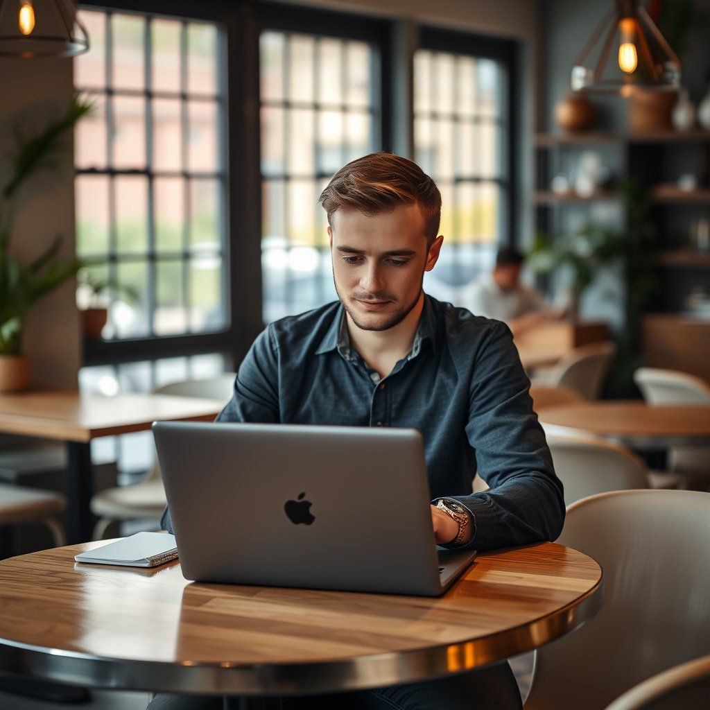 a person working on a laptop in a bright cafe, highly detailed, 8k, professional photography, sharp focus
