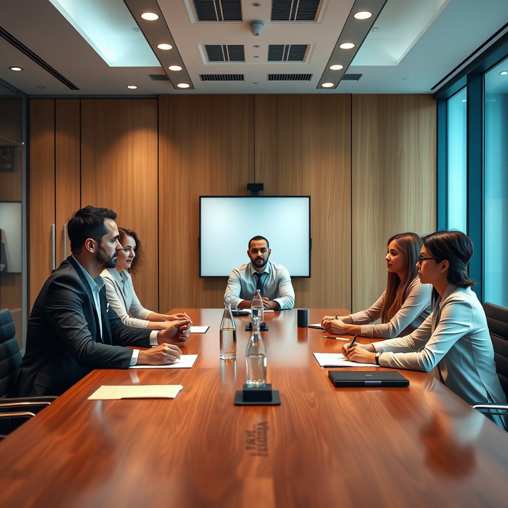 a business team meeting around a conference table, highly detailed, 8k, professional photography, sharp focus