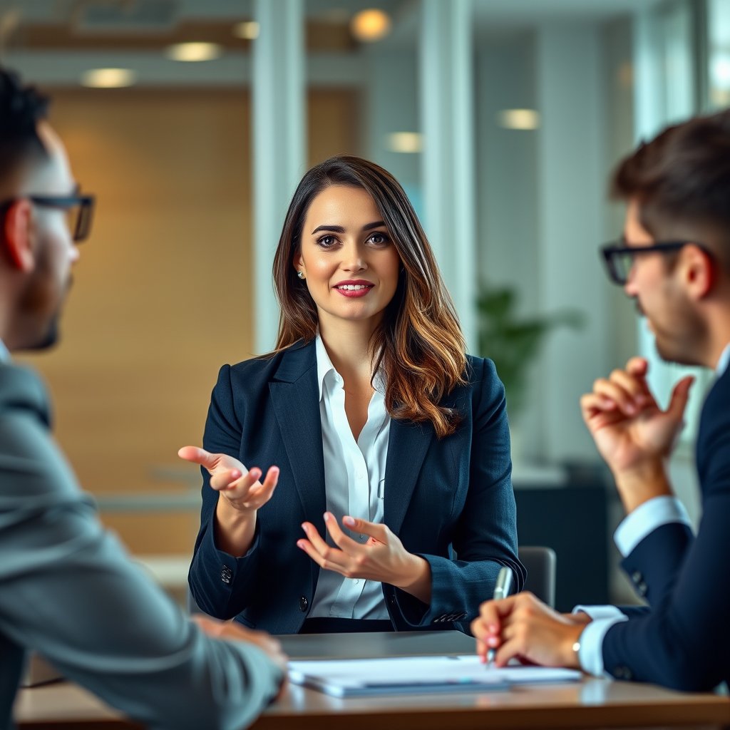 a confident businesswoman presenting to colleagues, highly detailed, 8k, professional photography, sharp focus