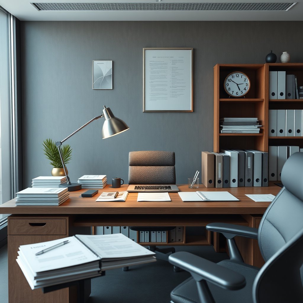 office desk with papers, ultra realistic, crisp details, studio quality