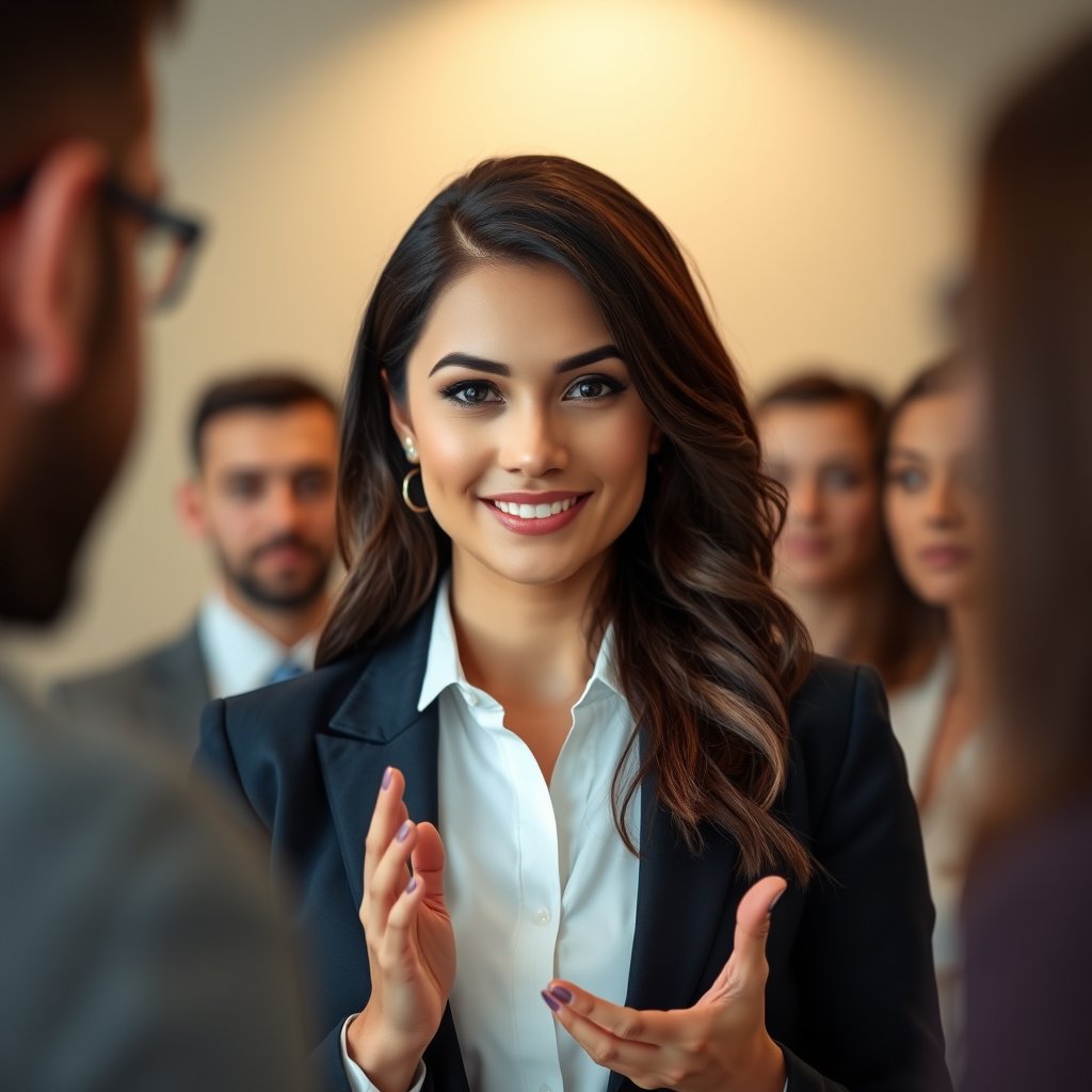 a confident businesswoman presenting to colleagues, highly detailed, 8k, professional photography, sharp focus