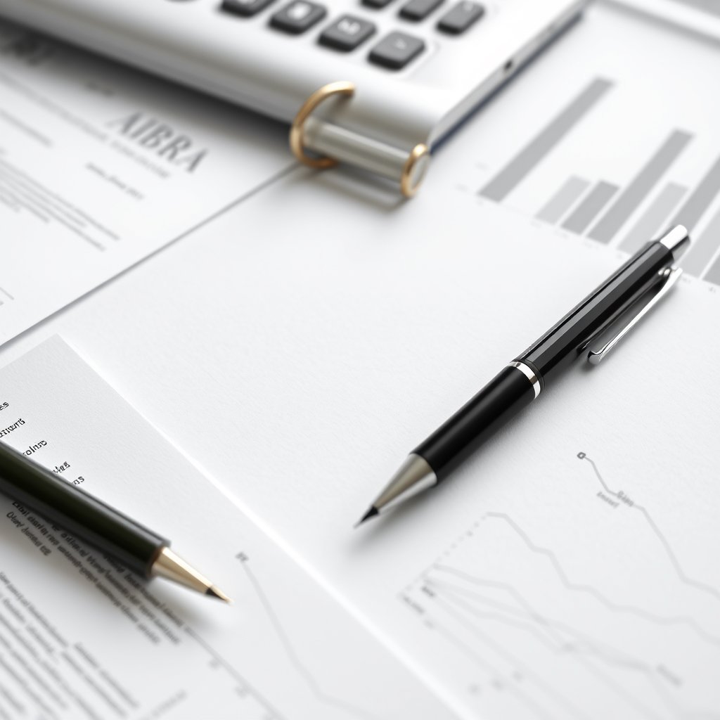 a clean flat-lay of business documents and pen, ultra realistic, crisp details, studio quality
