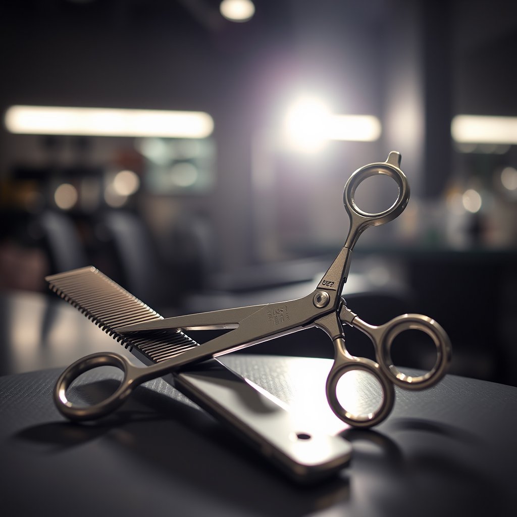scissors and comb in a hair salon, soft light, ultra realistic, crisp details, studio quality
