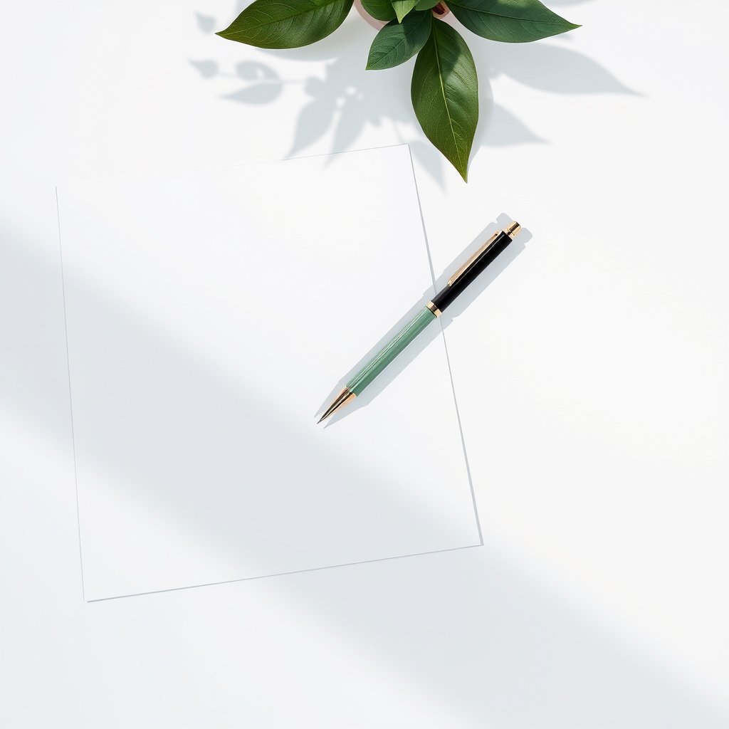 a clean flat-lay of business documents and pen, bright and airy, pastel tones, dreamy aesthetic