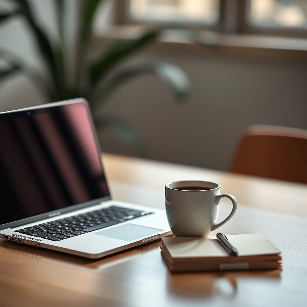 a minimalist desk with a laptop, coffee and notebook, soft natural light, shallow depth of field, bokeh