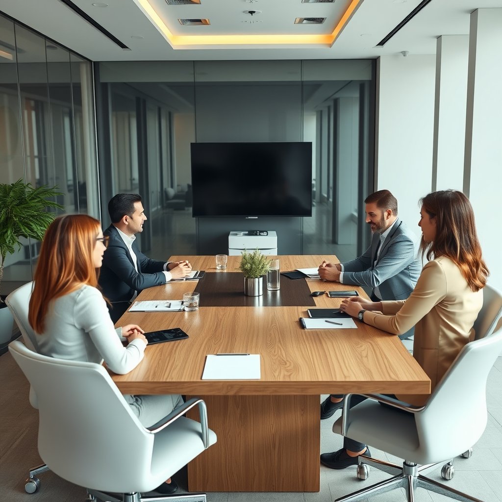 a business team meeting around a conference table, ultra realistic, crisp details, studio quality