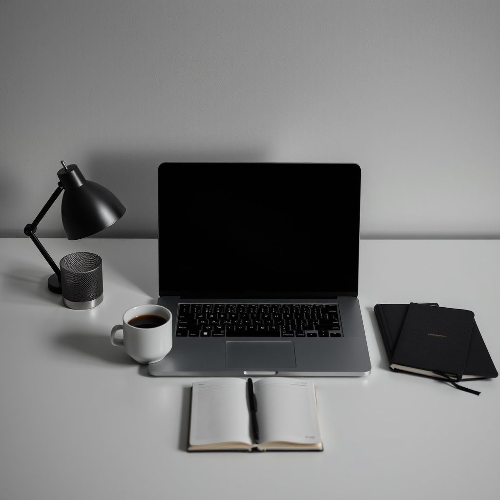 a minimalist desk with a laptop, coffee and notebook, moody lighting, high contrast, fine art photography