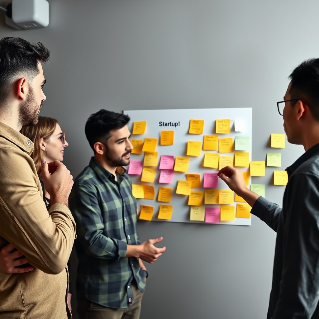 a startup team brainstorming with sticky notes on a wall, ultra realistic, crisp details, studio quality