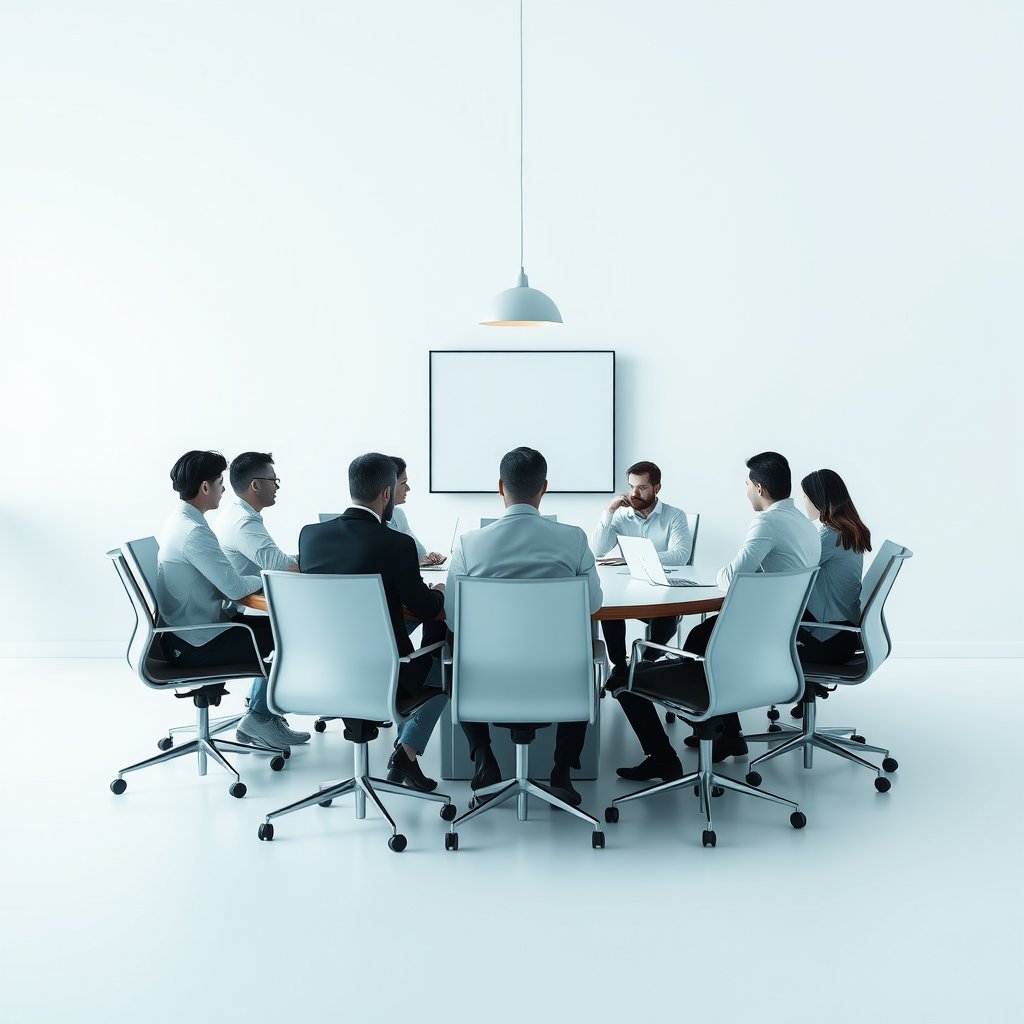 a business team meeting around a conference table, minimalist composition, clean background, elegant