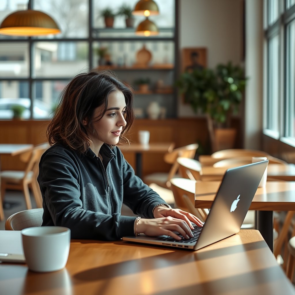 a person working on a laptop in a bright cafe, highly detailed, 8k, professional photography, sharp focus