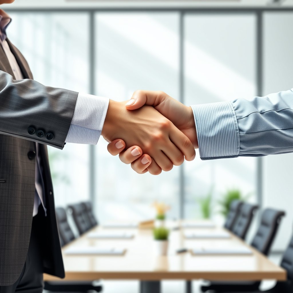 a professional handshake in a bright office, ultra realistic, crisp details, studio quality