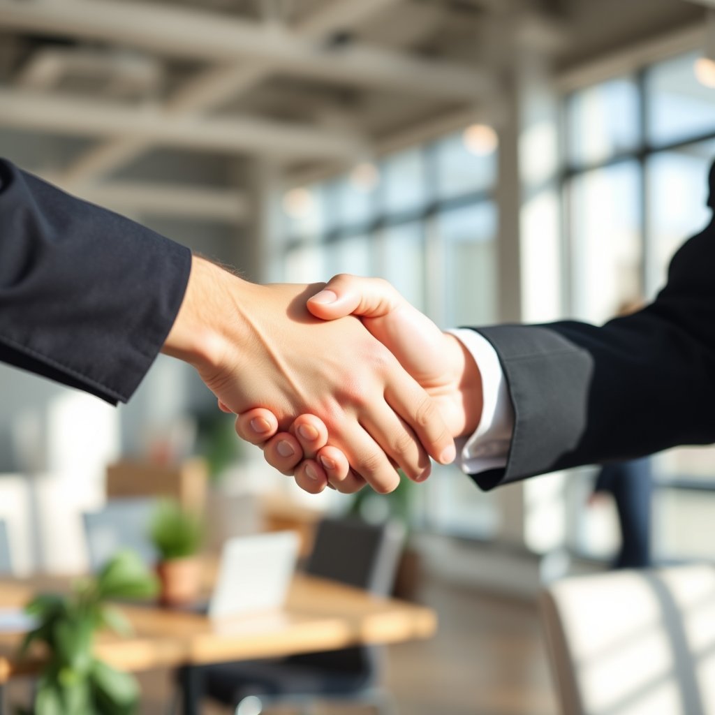 a professional handshake in a bright office, soft natural light, shallow depth of field, bokeh
