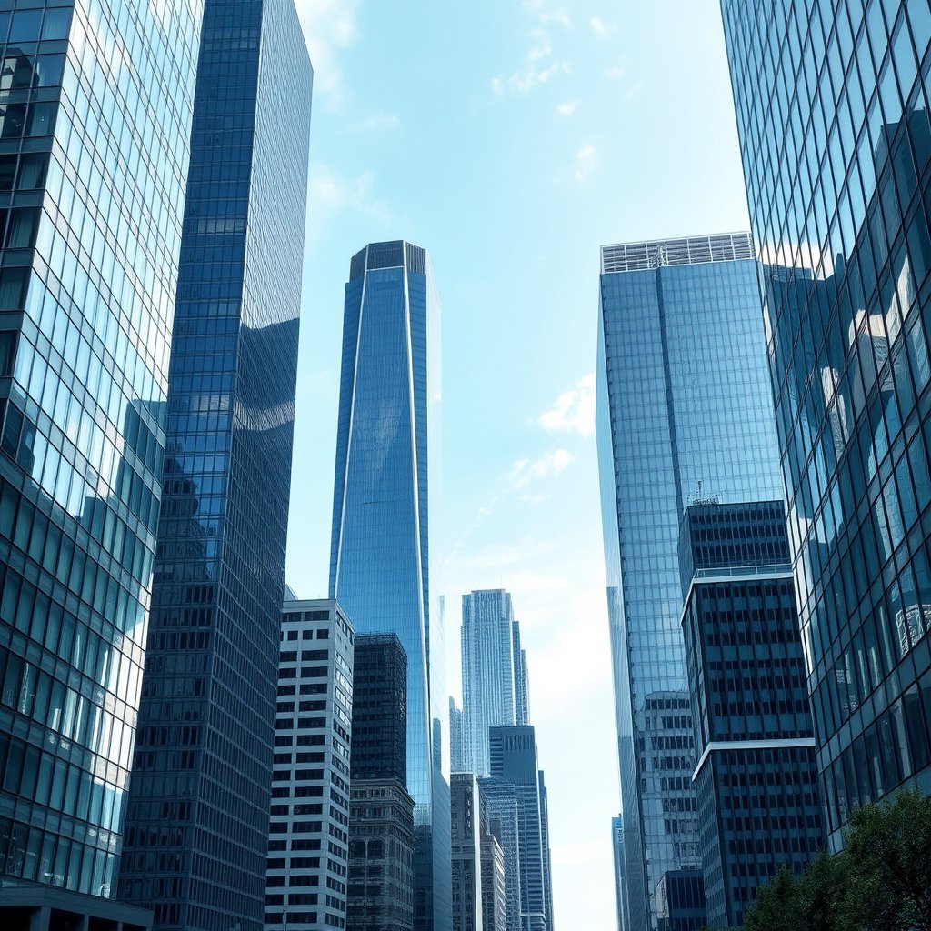 a city financial district with glass office towers, ultra realistic, crisp details, studio quality