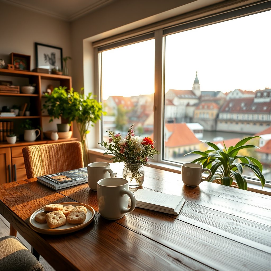 small cozy accounting office prepared for guests, wooden table with cookies and ceramic mugs, fresh flowers and green plants, warm summer light from large window, river and old town rooftops visible outside, friendly homely atmosphere, warm golden tones, soft natural light, shallow depth of field, bokeh