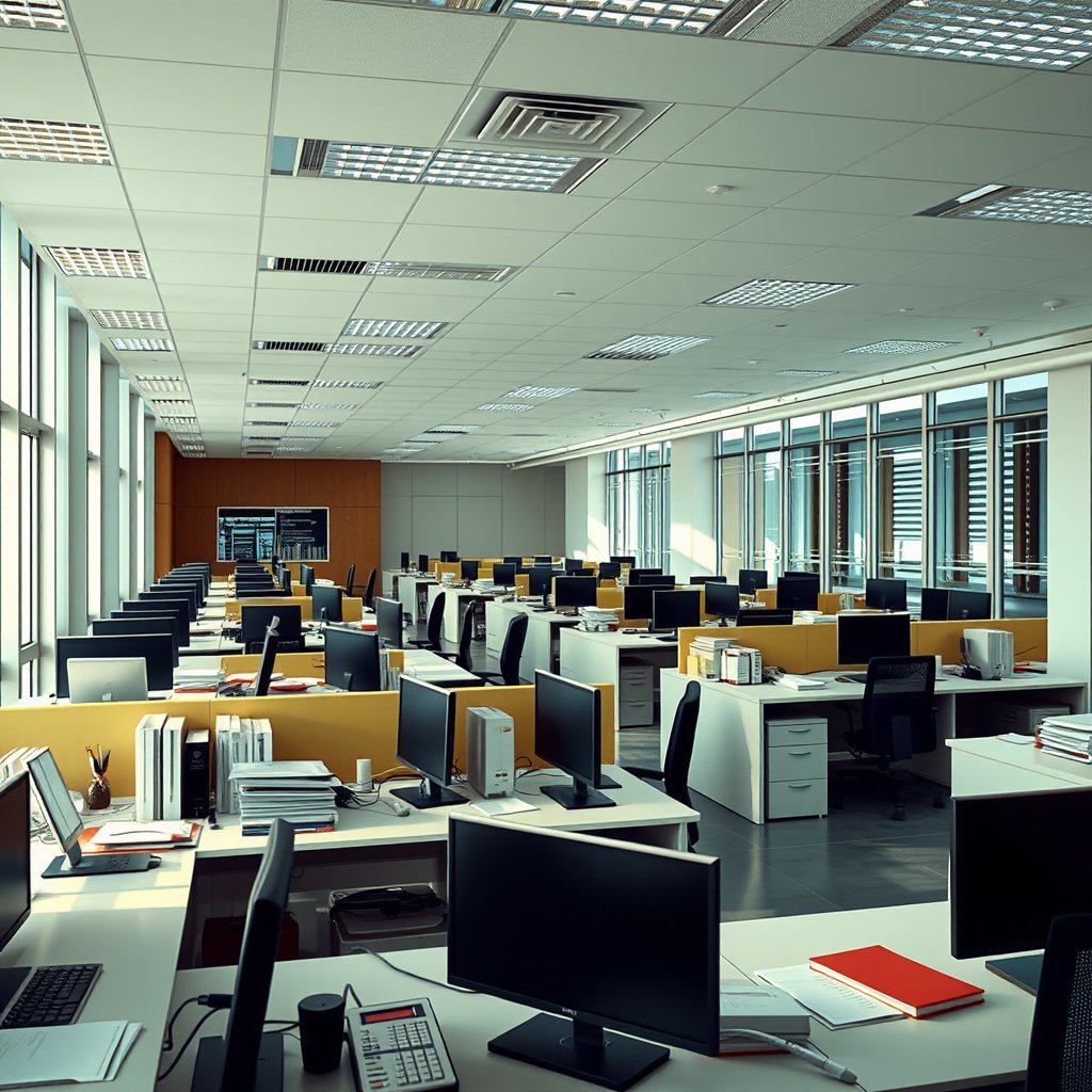 modern accounting office interior, rows of desks with computers and documents, bright daylight, clean workspace, cinematic lighting, vibrant colors, dramatic atmosphere