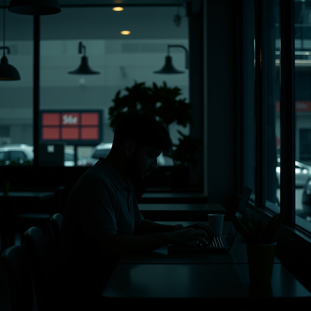a person working on a laptop in a bright cafe, moody lighting, high contrast, fine art photography