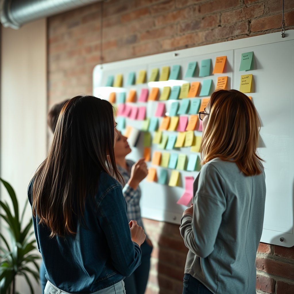 a startup team brainstorming with sticky notes on a wall, soft natural light, shallow depth of field, bokeh