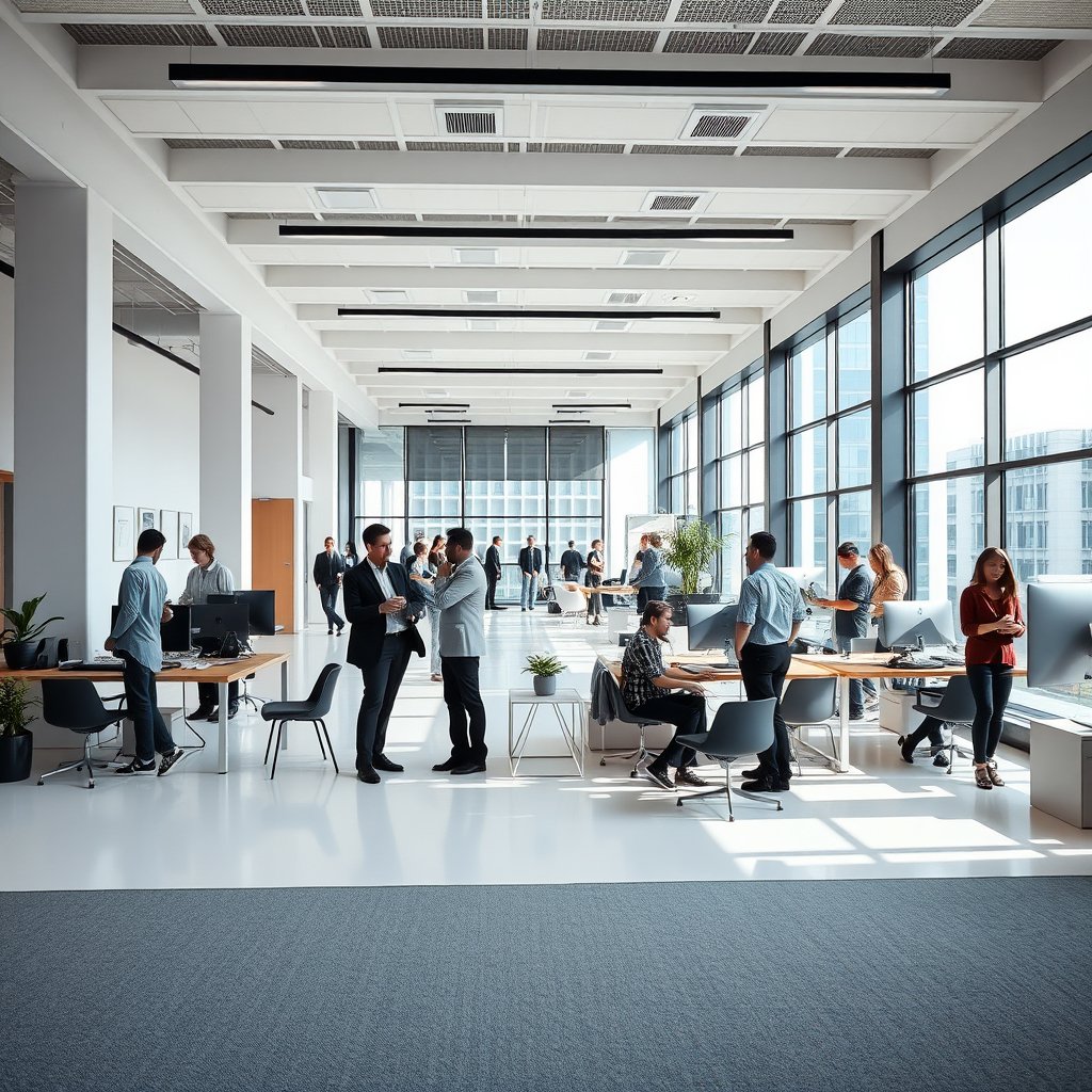 a modern open office space with people collaborating, minimalist composition, clean background, elegant